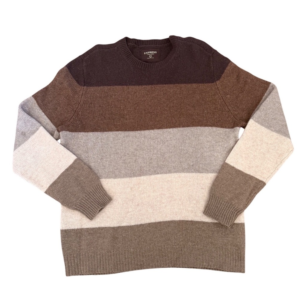 Express Mens Lambswool Striped Sweater Brown Tan Grey Crewneck Pullover Size L